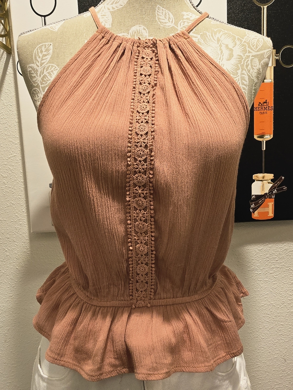 Hippie Rose Mauve Halter Peplum Camisole with Lace Trim